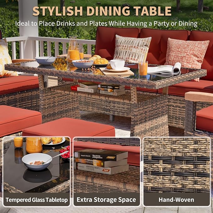 MEISSALIVVE 7 Pieces Patio Furniture Sets, PE Wicker Outdoor Conversation Sets with 2 Wood Armrests Swivel Rocker Chairs, 2 Ottomans, 2-seat Sofa and Dining Table (Red)