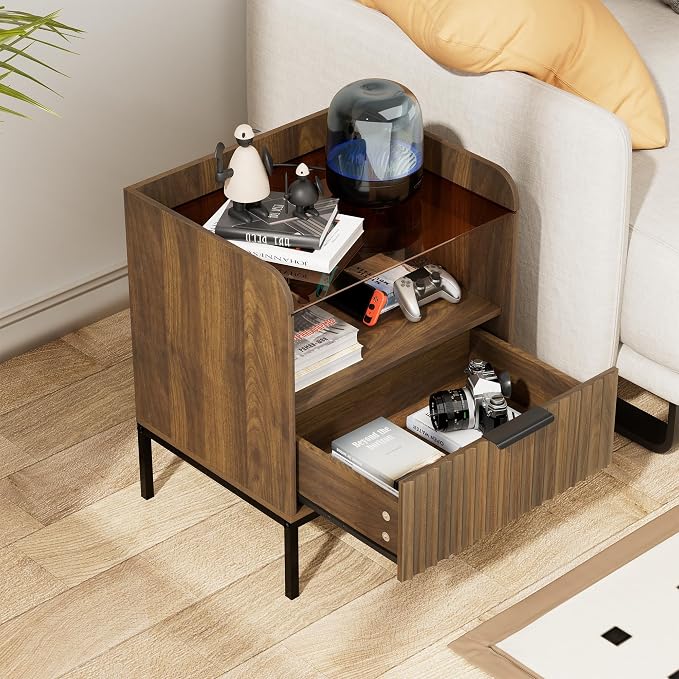 HQZX Nightstand Set of 2 with Charging Station, Mid Century Modern Night Stand, Fluted Bedside Table with Glass Top & Metal Legs, Wood End Table for Bedroom, Living Room (Walnut) - Image 2