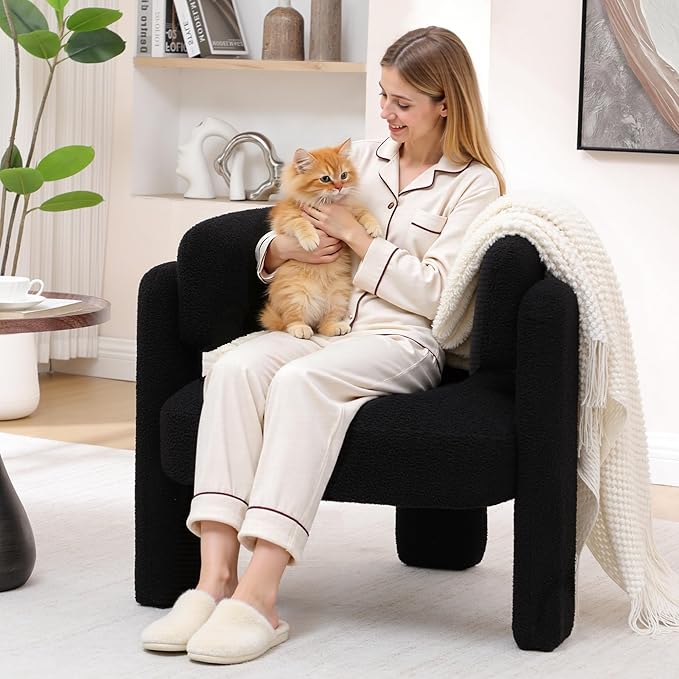 Accent Chair for Living Room, Modern Sherpa Barrel Chair, Upholstered Living Room Chairs with 3 Legs, Comfy Armchair Reading Side Chair for Bedroom, Office, Apartment, Black
