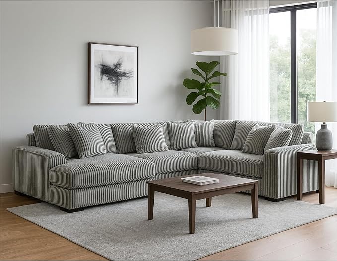 Signature Design by Ashley Lindyn Contemporary Right-Arm Facing 4-Piece Sectional with Chaise, Reversible Cushions, Armrest and Throw Pillows, Gray