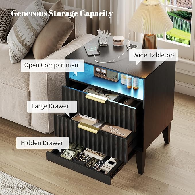 LVSOMT 20'W Fluted Nightstand with Charging Station, LED Night Stand with RFID Lock Hidden Drawer, Mid Century Morden Bedside Table for Bedroom, 2 Drawers and Open Storage Cubby, Black - Image 8