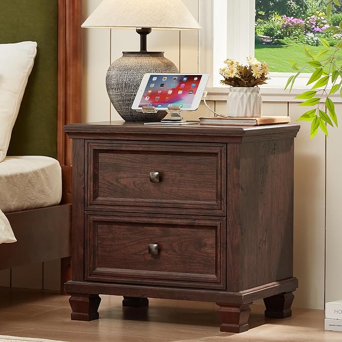 SAVOR LIFE Farmhouse Nightstand with Charging Station, Rustic Low Night Stand with 2 Drawers, Mid-Century Modern End Table with 4 Square Solid Wood Legs, Small Dresser for Bedroom, Home, Walnut by SAVORLIFEFurniture