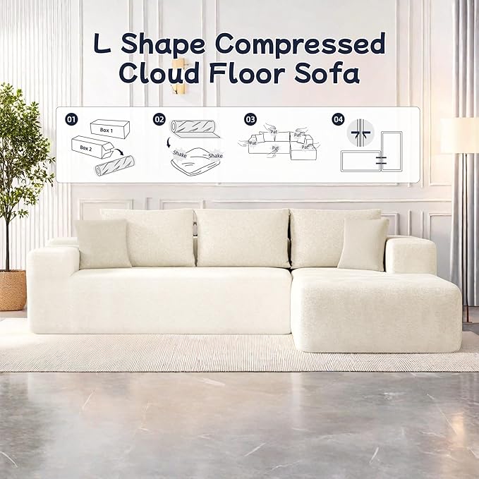 104” Sectional Cloud Couch, L-Shape Compressed Sofa with Left Chaise Lounge, Modular Cloud Couch with 2 Pillows & Deep Seat, Rain Drop Velvet Upholstered Floor Sofa for Living Room, Beige