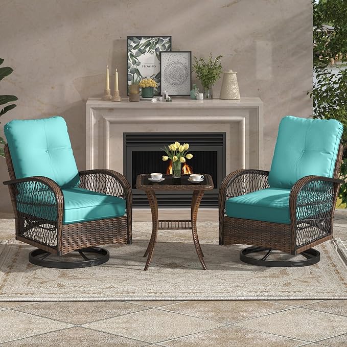 EROMMY 3 Pieces Patio Furniture Set, Outdoor Swivel Rocker Patio Chairs, Wicker Patio Bistro Set with Rocking Chair, Thickened Cushions and Glass Coffee Table for Backyard, Garden, Blue