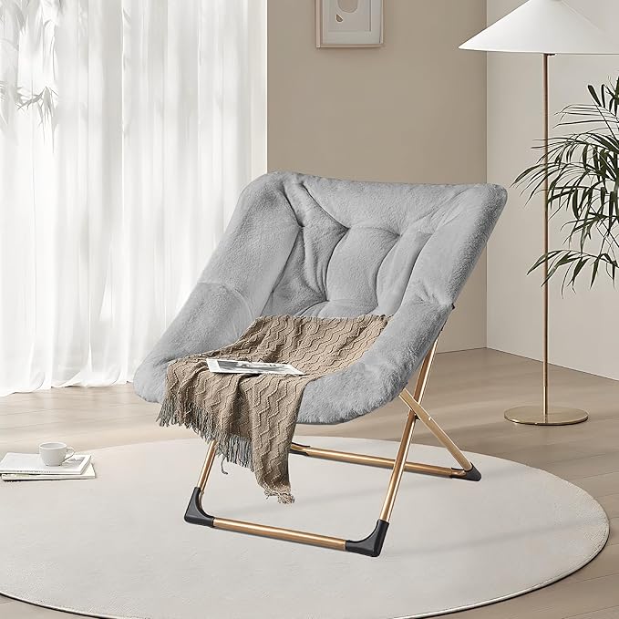 Youtanic Comfy Oversized Saucer Chair, Soft Faux Fur Reading Lounge Chair for Adults, Stable X-Large Metal Frame and Non-Slip Pad, Foldable Cozy Chairs for Bedroom, Living Room, Dorm, Light Gray