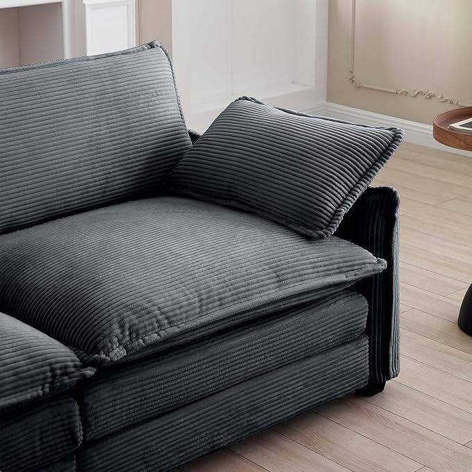 KEIKI 115" Oversized Corduroy Modular Sectional Cloud Sofa with High-Density Foam Cushions, Removable Armrests, Upholstered Modern 3-Seater Fluffy Corner Couch with 5 Pillow, for Living Room, Grey