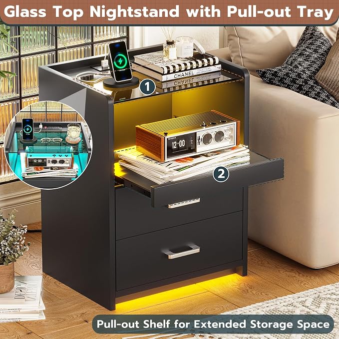 VIAGDO Nightstand with Charging Station and LED Lights, Black Night Stand with Glass Top and Storage Drawers, End Side Tables with Pull-Out Tray and USB Ports, Modern Bedside Tables for Bedroom - Image 6
