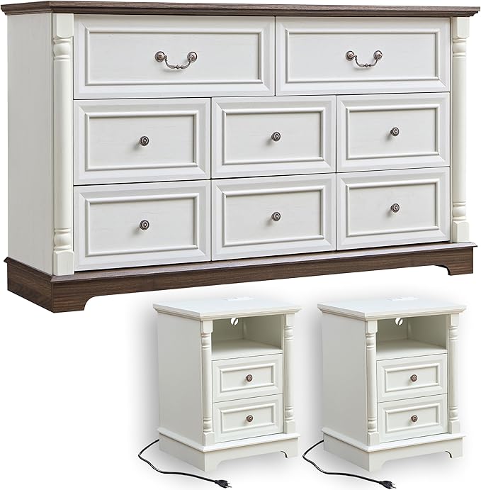 OKYCI 3PC Farmhouse Dresser and Nightstand Sets for Bedroom, Including 8 Drawer Dresser & 2 Drawer Night Stand Set of 2 with USB,Antique White