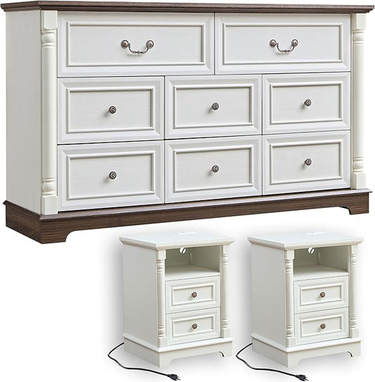 OKYCI 3PC Farmhouse Dresser and Nightstand Sets for Bedroom, Including 8 Drawer Dresser & 2 Drawer Night Stand Set of 2 with USB,Antique White