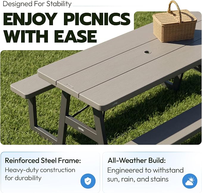 LIFETIME 6-Foot Folding Picnic Table with Benches, Seats 8, Heavy-Duty HDPE Tabletop, Steel Frame, Weather & UV Resistant Outdoor Picnic Table with Umbrella Hole - Image 4