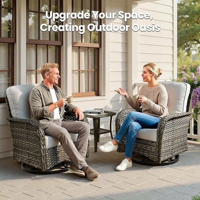 Weaxty Outdoor Swivel Rocker Patio Chairs, 3 Pieces Patio Furniture Set with Rocking Chair and Wicker Side Table, Outdoor Furniture Conversation Set for Porch, Deck, Yard, Balcony, Light Gray