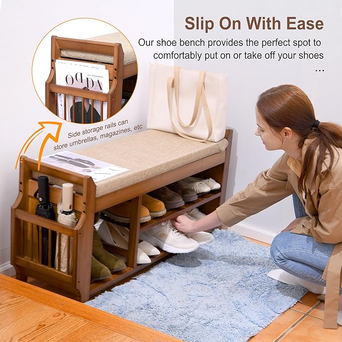 PETKABOO Shoe Bench with Hidden Drawer and Side Holder, 2 Tier Entryway Bench with Storage 39.4 in, Bamboo Shoe Rack with Cushion for Entryway Hallway Living Room Bedroom - Image 4