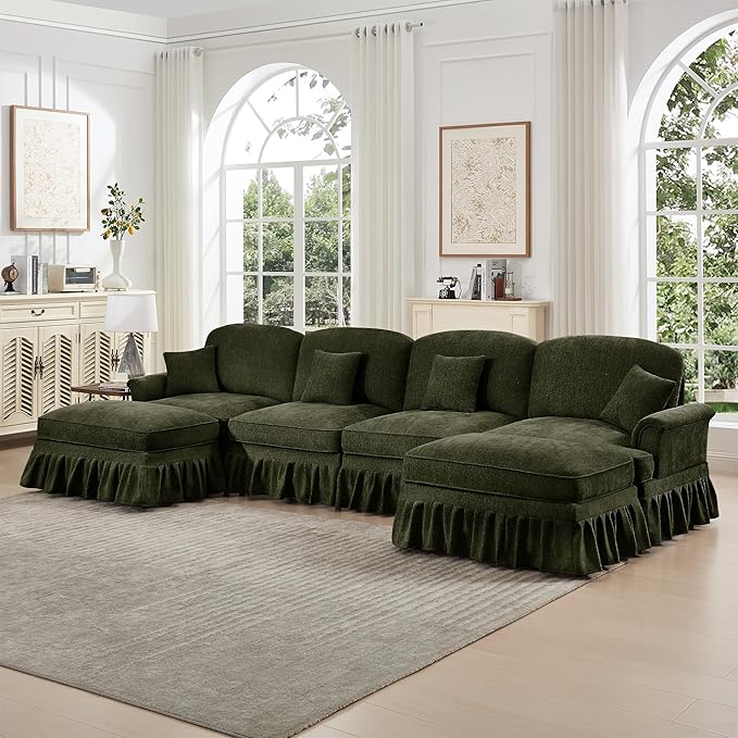 KEIKI Mid Century Modular Sofa with Flared Arms and Skirted Design, 137“ Oversized 4-Seater with 2 Ottomans Luxury Chenille U-Shaped Sectional Couches for Living Room, Chaise Lounge Indoor, Green