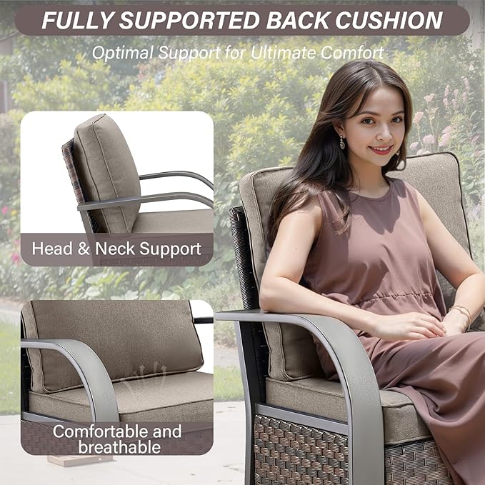 Belord Outdoor Swivel Rocker Patio Chairs Set of 2, 3 Piece Wicker Patio Bistro Set with Metals Side Table and Comfort High Back 4" Cushion Outdoor Patio Glider Chair for Balcony Deck Porch