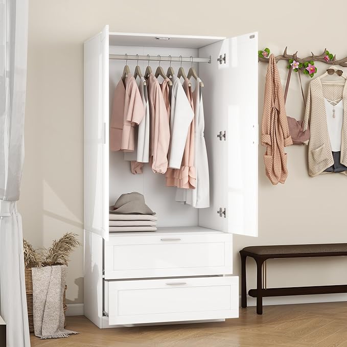 Panana Modern 2 Doors 2 Drawers Bedroom Armoires Wardrobe Clothes Storage Closet with Hanging Rod, Wooden Bedroom Freestanding Wardrobe, 31.5" W x 19.7" D x 70" H (White)