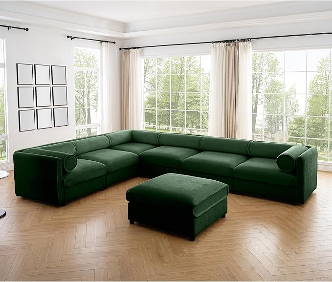 KEIKI 143" Large Modular Chenille Sectional Sofa with Storage Seat, 1 Ottoman, 6-Seater Couch with Cylindrical Backrest and 2 Armrests, Easy Assembly, for Apartment, Living Room, Green