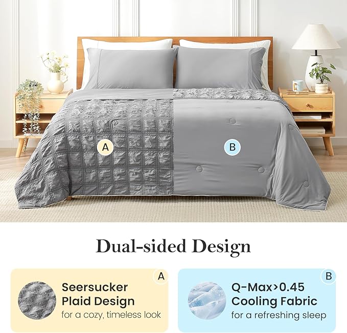 Cozy Bliss Cooling Comforter Seersucker Plaid Twin Size, Q-Max 0.45 Lightweight Cooling Blanket, Breathable Silk Smooth Summer Bedding Quilt for Hot Sleepers Night Sweats Dark Grey