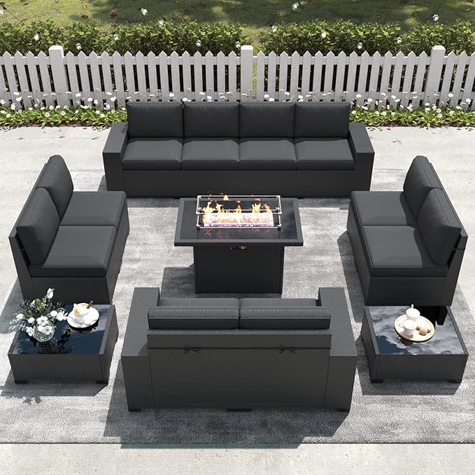 LayinSun 13 Pieces Outdoor Patio Furniture Set with 44" Fire Pit Table Rattan Sectional Sofa Conversation Sets