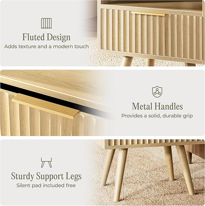 Huuger Nightstand with Charging Station, USB-C Port, Fluted Night Stand with Drawer, Bed Side Table with Solid Wood Feet, Open Storage, End Table with Raised Edge, for Bedroom, Natural - Image 8