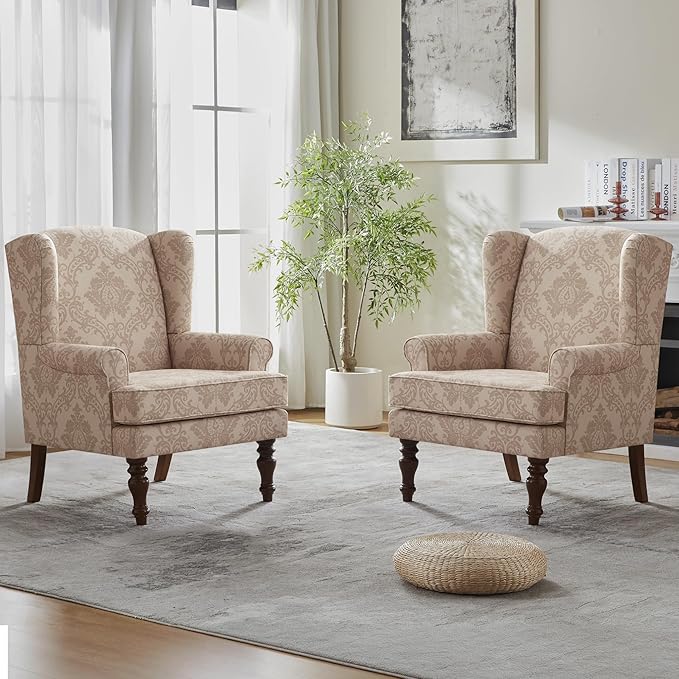 HUIMO Printed Wingback Accent Chair, Linen Upholstered High Back Armchair, Comfy Reading Chair for Living Room Bedroom Study, 300lbs Weight Capacity (2, Brown Floral)