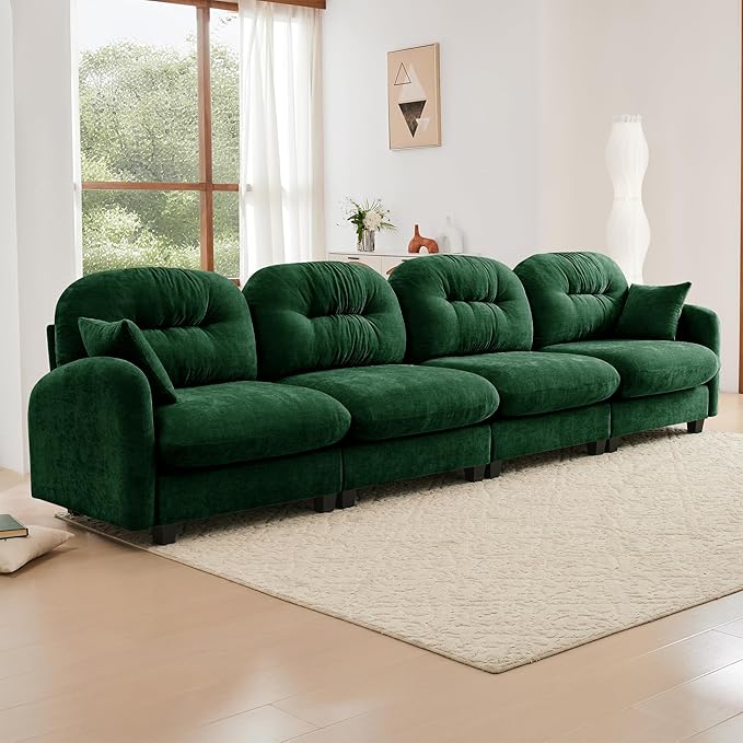 KEIKI 140" Oversized Chenille Modular Sectional Sofa with High-Density Foam Cushion and Tufted Pleated Cushion Backrest, Upholstered Modern 4-Seater Cloud Couch with 2 Pillow, for Living Room, Green