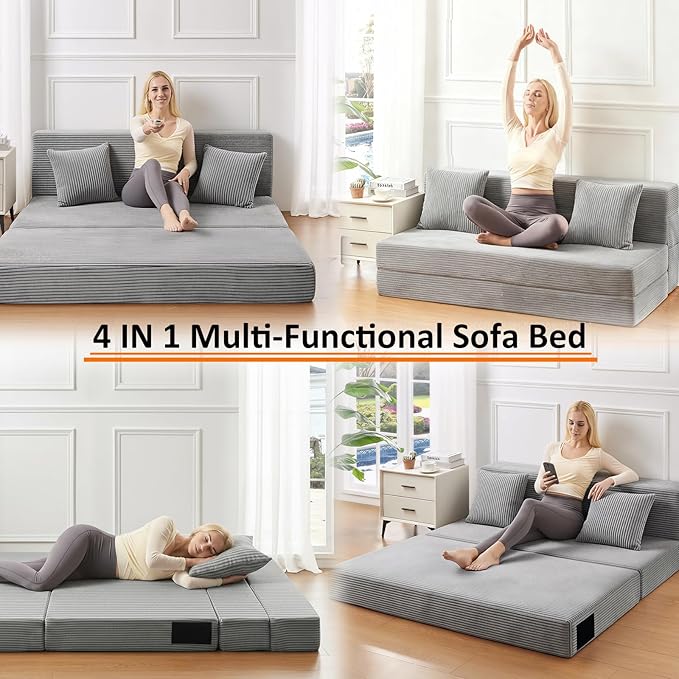 Queen Size Folding Sofa Bed - 4 in 1 Convertible Sleeper Chair with Two Pillows - High Density Memory Foam Futon Couch - Foldable Bed for Living Room Bedroom (Dark Grey)
