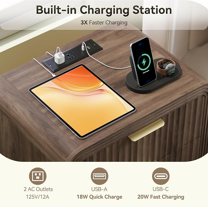 Decofy Fluted Nightstand with Charging Station, Modern Bedroom Side Table with Gold Handles, Curved Profile Design, End Table Wood Organizer for Bedroom, 19.7" & 3 Drawers (2 Pack, Walnut) - Image 4