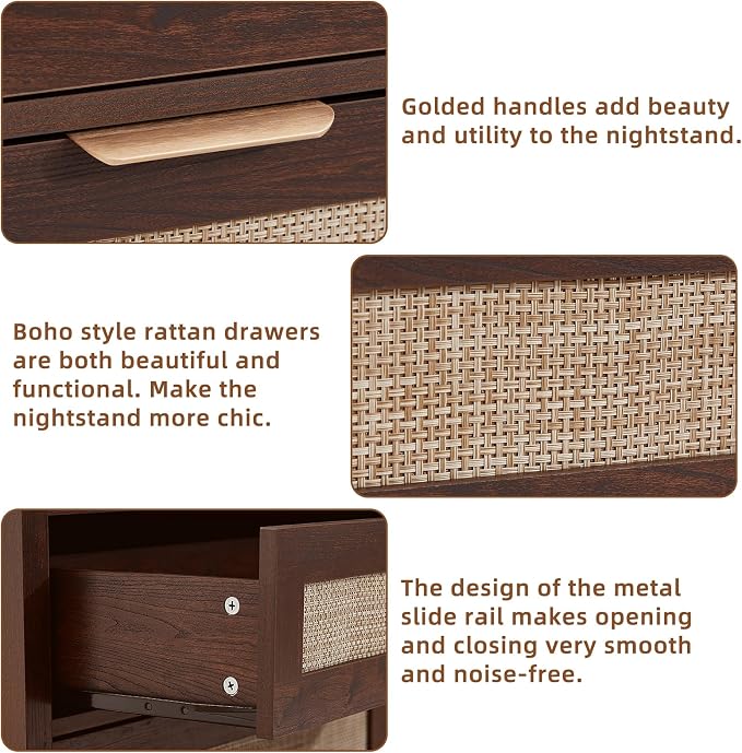 LEYAOYAO 31.5" Wide Rattan Nightstands Set of 2 with Charger Station, Large Boho 3 Drawer Night Stand, Retro Walnut Bedside Table with Storage, Bed Side End Tables for Bedroom, Living Room, Hallway - Image 6