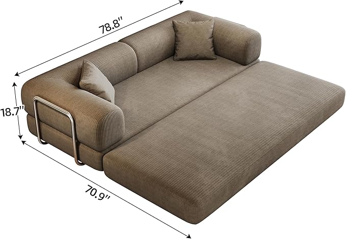 79" Convertible Sofa Bed, Corduroy Folding Pull Out Couch with Pillows, No Assembly Modern Boneless Couch Compression Sofa in Box, Floor Sofa with Support Rods for Living Room,Camel