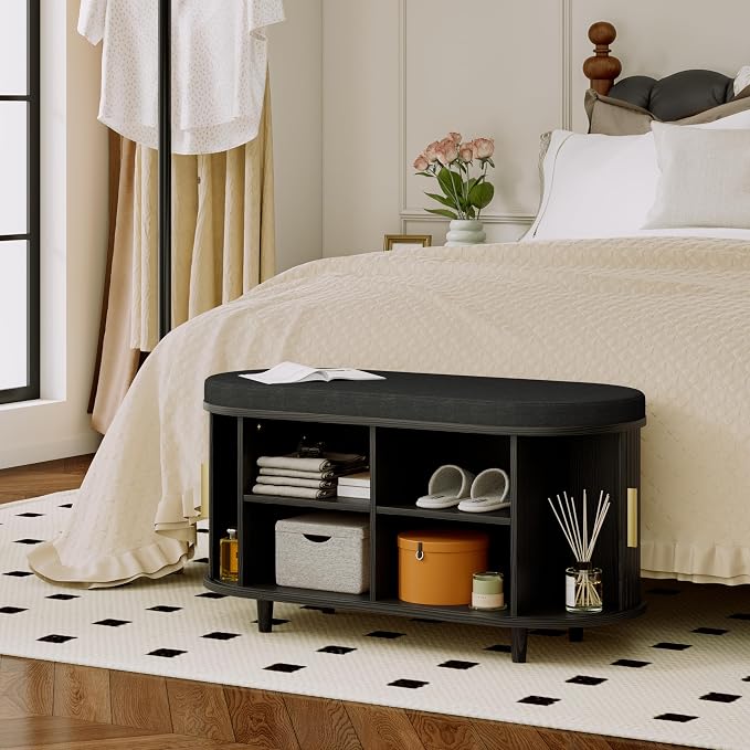 DHH 2-Tier Storage Bench,Wide Shoe Bench with Thickened Padded Seat Cushion, Mid Century Modern Fluted Sliding Door and Adjustable Shelf, for Entryway, Living Room, Bedroom (Black, 35.4“) - Image 6