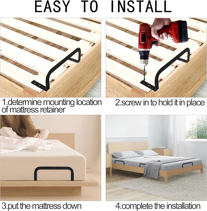 Mattress Retainer Bar Bracket Holder 4Pcs - Keeps Mattress from Sliding on Platform, Adjustable & RV Beds