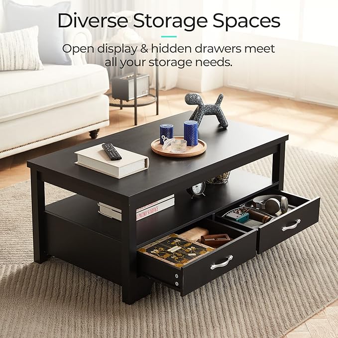 LINSY Farmhouse Coffee Table, Rectangle Coffee Table with Drawers, Rustic Wooden Coffee Tables with Storage, Center Table for Living Room, Apartment, Office, Black
