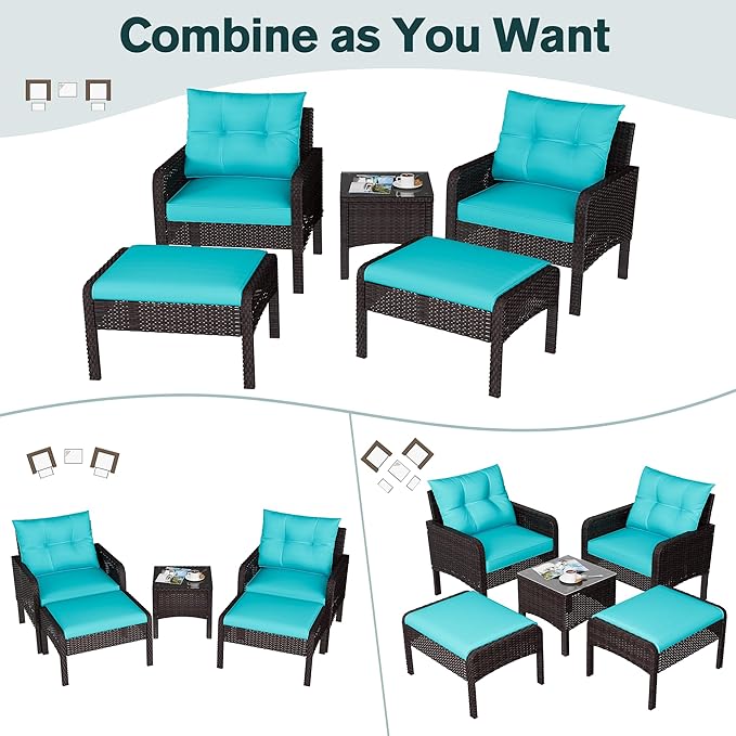 U-MAX Outdoor 5 Pieces Patio Furniture Set, PE Rattan Wicker Chairs with Ottoman and Table, Bistro Set for Front Porch, Garden, Backyard, Balcony, Brown/Blue