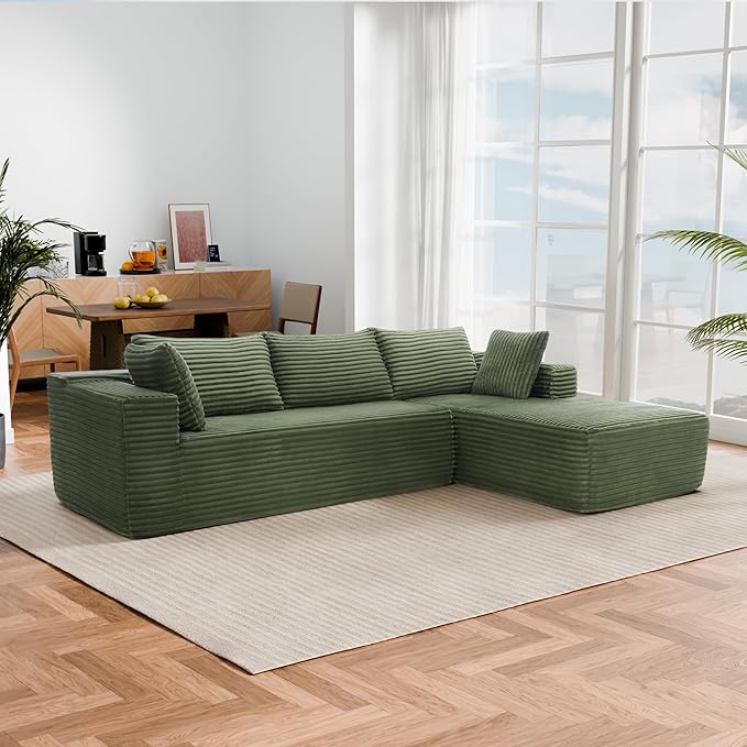 Cloud Sectional Couch, Modular Sectional Sofa with Left Chaise Lounge, Modern Modular L-Shape Sofa with Pillows & Deep Seat, Boneless Couches for Living Room Bedroom, Green