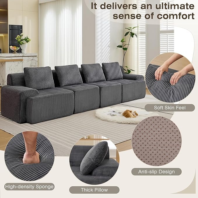 Modular Sectional Sofa, 6 Seat Modular Couch, Modular Sofa with Deep Seat and Detachable Pillow (Grey, 4 Pieces-Rowshape)