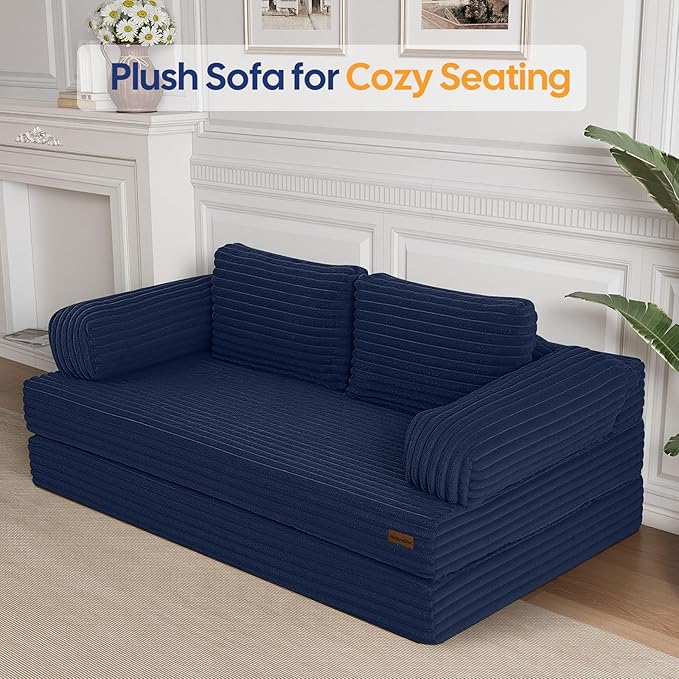 MeMoreCool Convertible Sofa Bed, Folding Floor Couch Bed Queen, Pull Out Sleeper Couch with Pillows, Fold Out Futon Sofa for Bedroom Living Room Small Space, Corduroy Beige