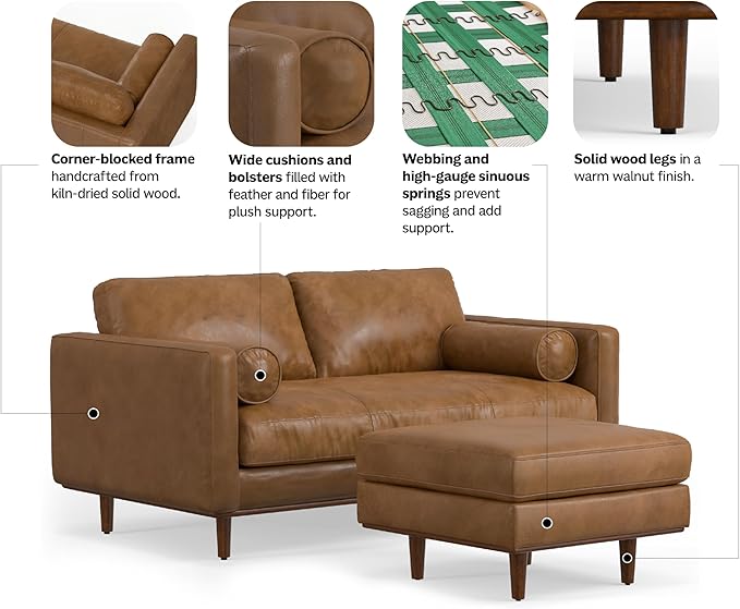 SIMPLIHOME Morrison Mid-Century Modern 72 inch Wide Sofa with Ottoman Set in Caramel Brown Genuine Leather for the Living Room and Family Room