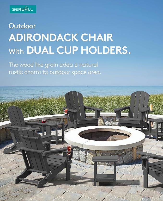 SERWALL Foldable Adirondack Chair Set of 6, HDPE Adirondack Chair with Wood-Texture-Gray - Image 6
