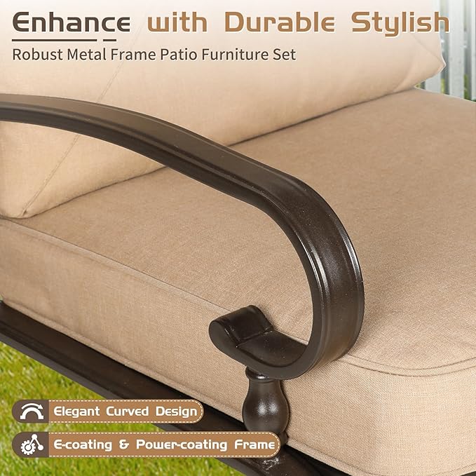 Oakcloud 5-Piece Outdoor Metal Furniture Sets Patio Conversation Set Wrought Iron Glider, 2 Single Chairs, Loveseat and Coffee Table, Brown
