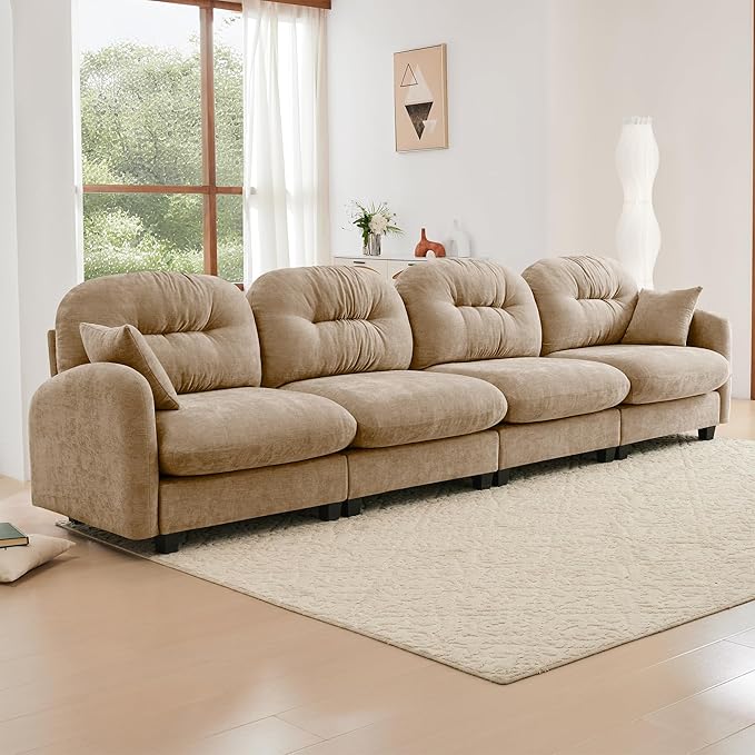 KEIKI 140" Oversized Chenille Modular Sectional Sofa with High-Density Foam Cushion and Tufted Pleated Cushion Backrest, Upholstered Modern 4-Seater Cloud Couch with 2 Pillow, for Living Room, Camel
