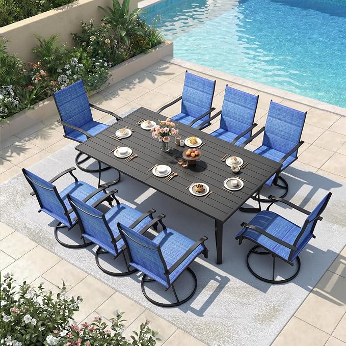 9 Pieces Patio Dining Set for 8, All Weather Outdoor Furniture Set, 75.6" Metal Dining Table with Umbrella Hole and 8 High Back Textilene Swivel Chairs for Deck Garden Lawn Poolside, Blue by RedefineModernLiving