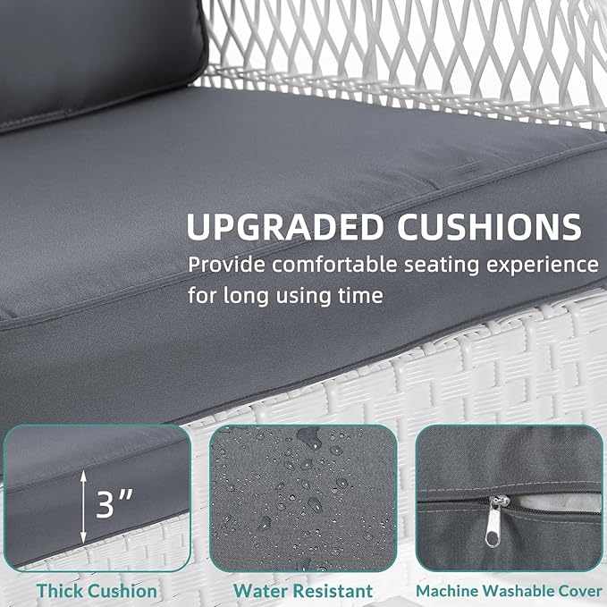 MEETWARM 4 Pieces Outdoor Wicker Patio Conversation Sets with Glider Loveseat, 2 Chairs with Coffee Table Wicker Rocking Glider Set, Rattan Conversation Set with Thickened Cushions, White/Grey