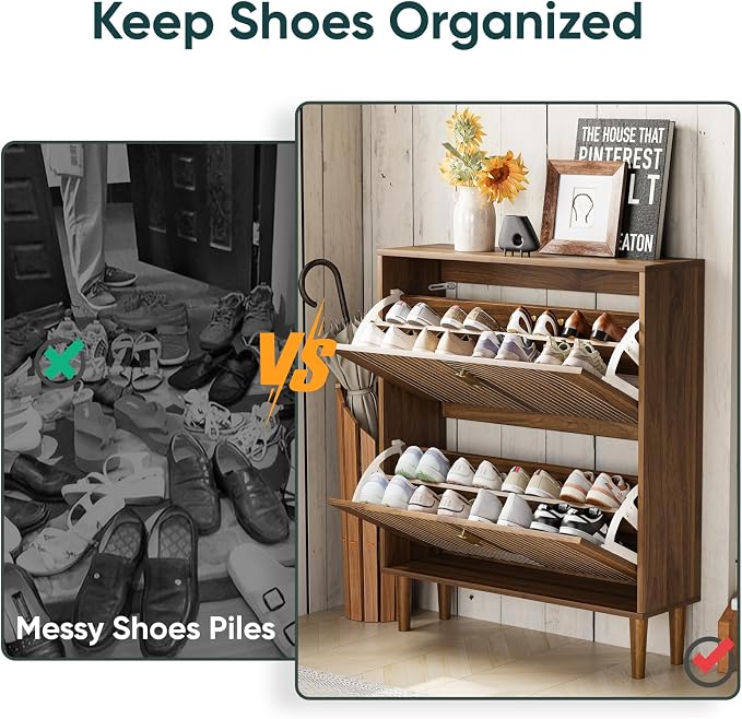 Shoe Cabinet Storage for Entryway with 2 Flip Drawers, Narrow Shoe Cabinet for Entryway, Hidden Slim Shoe Organizer Rack Cabinet (Walnut, 31.5" W) - Image 4
