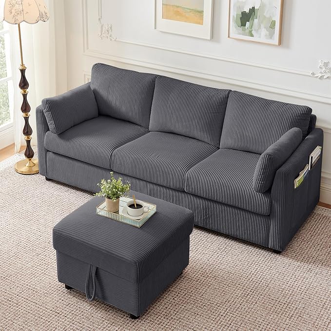3 Seater Couches for Living Room, 79" Modern Corduroy Sofa with 2 Pillows and Storage Pockets, Small Couches for Apartment, Small Spaces, Home Office, Grey