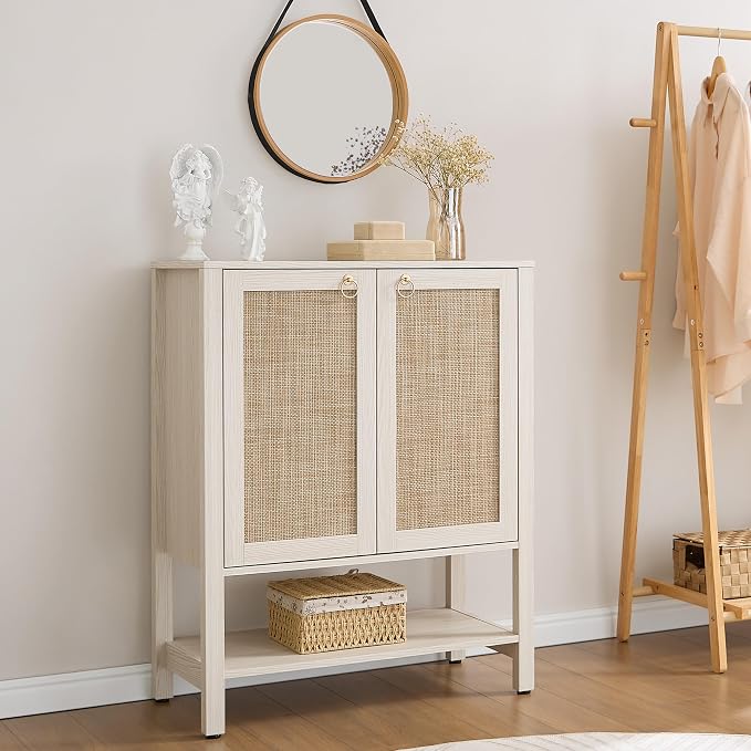 SICOTAS Rattan Shoe Cabinet with Storage - 5 Tier Farmhouse Boho Shoe Organizer Storage Cabinet with Shelves & Doors, Tall Shoe Rack Cabinet for Entryway, Living Room, Closet (White Cream Oak) - Image 8