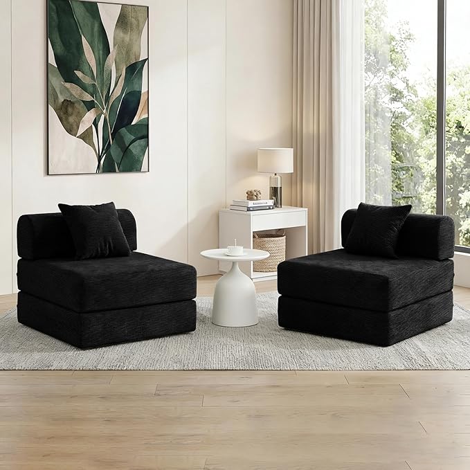 31.5'' Convertible Compressed Corduroy Folding Cloud Sofa Bed Set of 2, 2 Pieces Modern Boneless Pull Out Sleeper Sofa Couch, 3 in 1 Portable Lazy Floor Lounge Chair Set, No Assembly Needed, Black