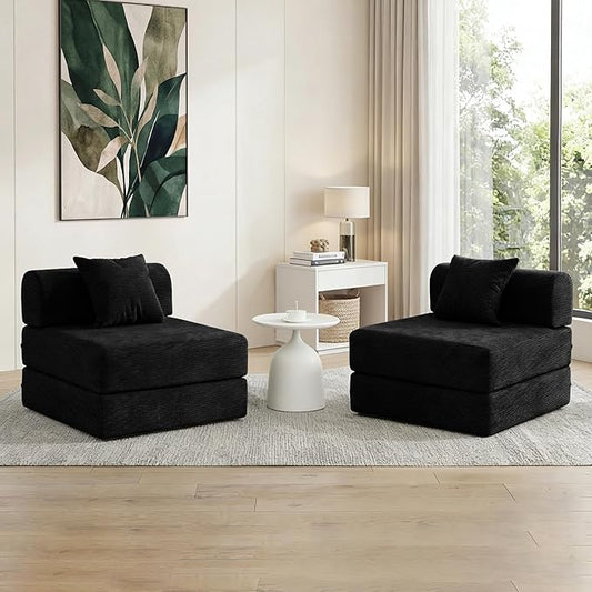 31.5'' Convertible Compressed Corduroy Folding Cloud Sofa Bed Set of 2, 2 Pieces Modern Boneless Pull Out Sleeper Sofa Couch, 3 in 1 Portable Lazy Floor Lounge Chair Set, No Assembly Needed, Black