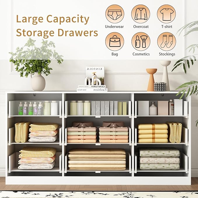 9 Drawer Dresser and Nightstand Sets for Bedroom, 3 Pcs Bedroom Set, Night Stand Set of 2 & 9 Drawer Dresser with Gold Handles, Modern Wood Chest of Drawers Storage Cabinet Set, White
