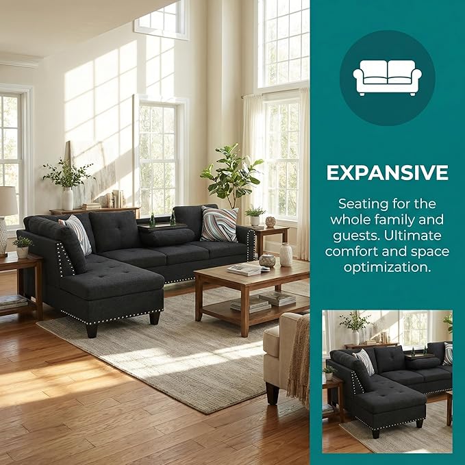 L-Shaped Sectional Couch with Cup Holders, Living Room Sofa with Lounge Chaise, Modern 4 Seater Sofa Couch for Living Room, Small Apartment & Office, Black Gray