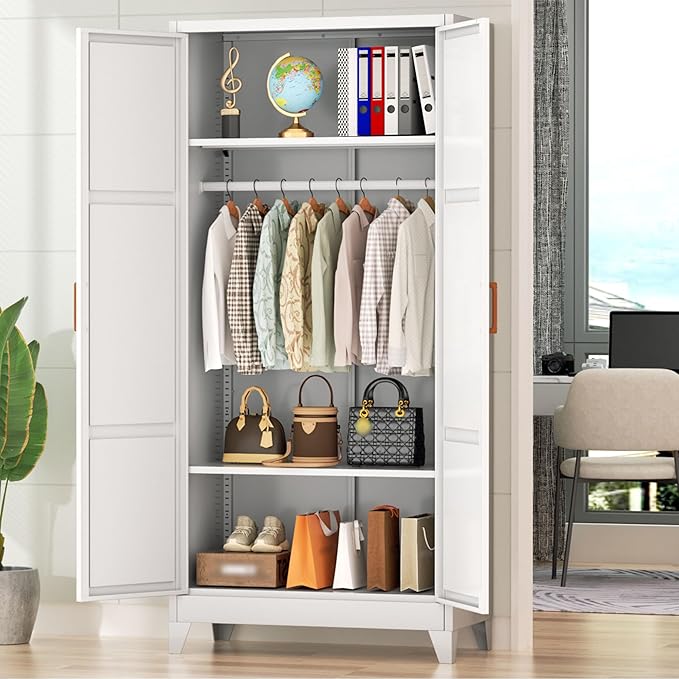 Greenvelly Metal Wardrobe Cabinet, 19" D x 34" W x 71" H Metal Wardrobe Closet with Hanging Rods and Adjustable Shelves,Clothing Storage Closet Cabinet for Bedroom, Cloak Room, Laundry Room (White)